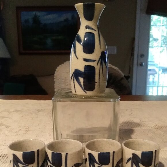 Source Unknown Other - White and Blue Bamboo Japanese Ceramic Sake Bottle and 4 Cups